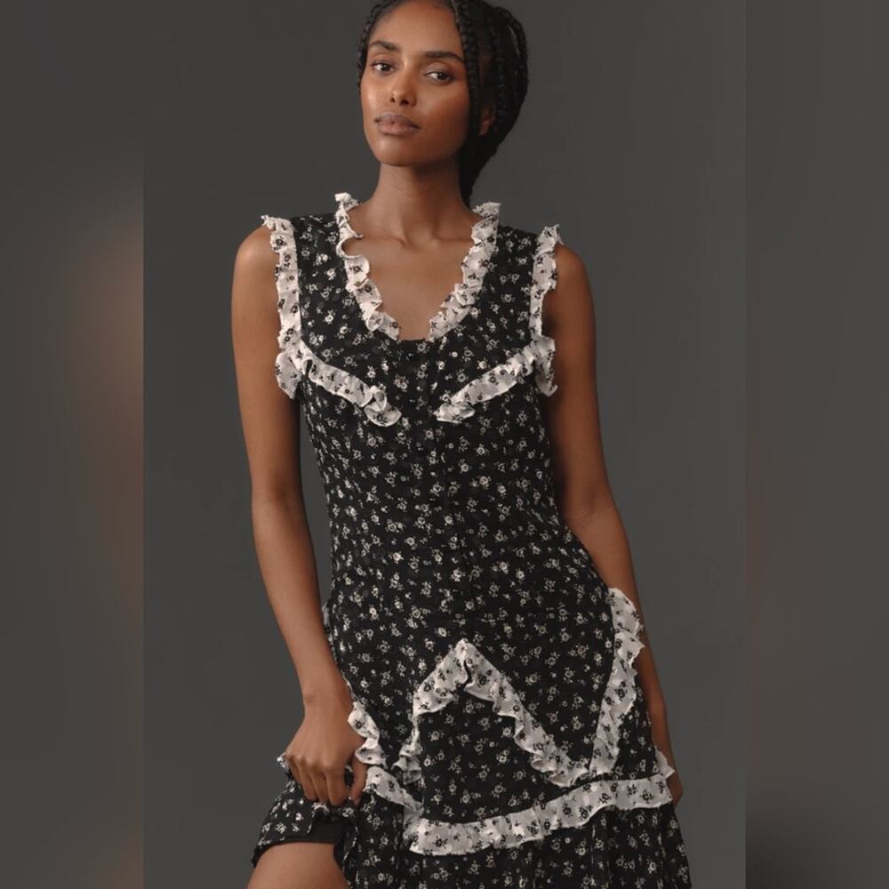 NWT Anthropologie Anna Sui Ditsy Dot Chiffon Black Ruffle Mini Dress, Size 12